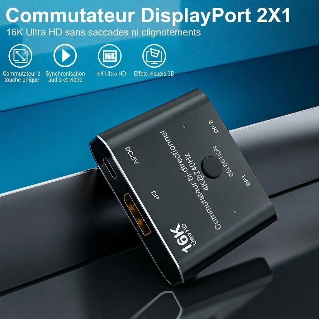 Commutateur bidirectionnel DisplayPort 2x1 16K 4K à 240 Hz Ultra HD