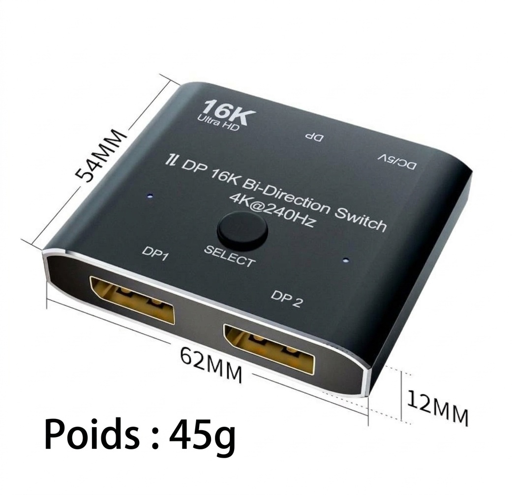 Commutateur bidirectionnel DisplayPort 2x1 16K 4K à 240 Hz Ultra HD