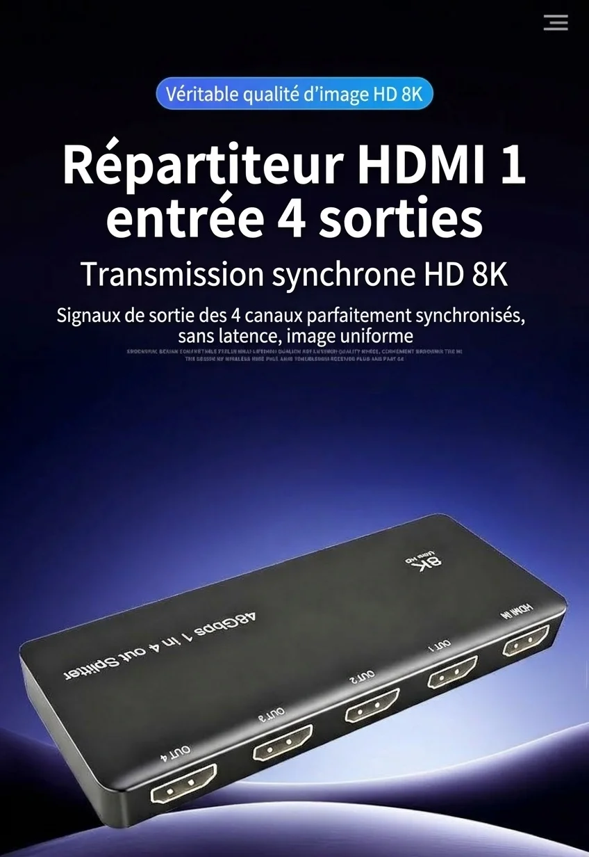 Répartiteur HDMI 8K 1 entrée 4 sorties - Ultra HD 48 Gbit/s pour plusieurs écrans