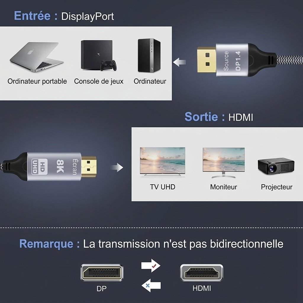 Câble adaptateur DisplayPort 1.4 vers HDMI 8K - DP vers HDMI