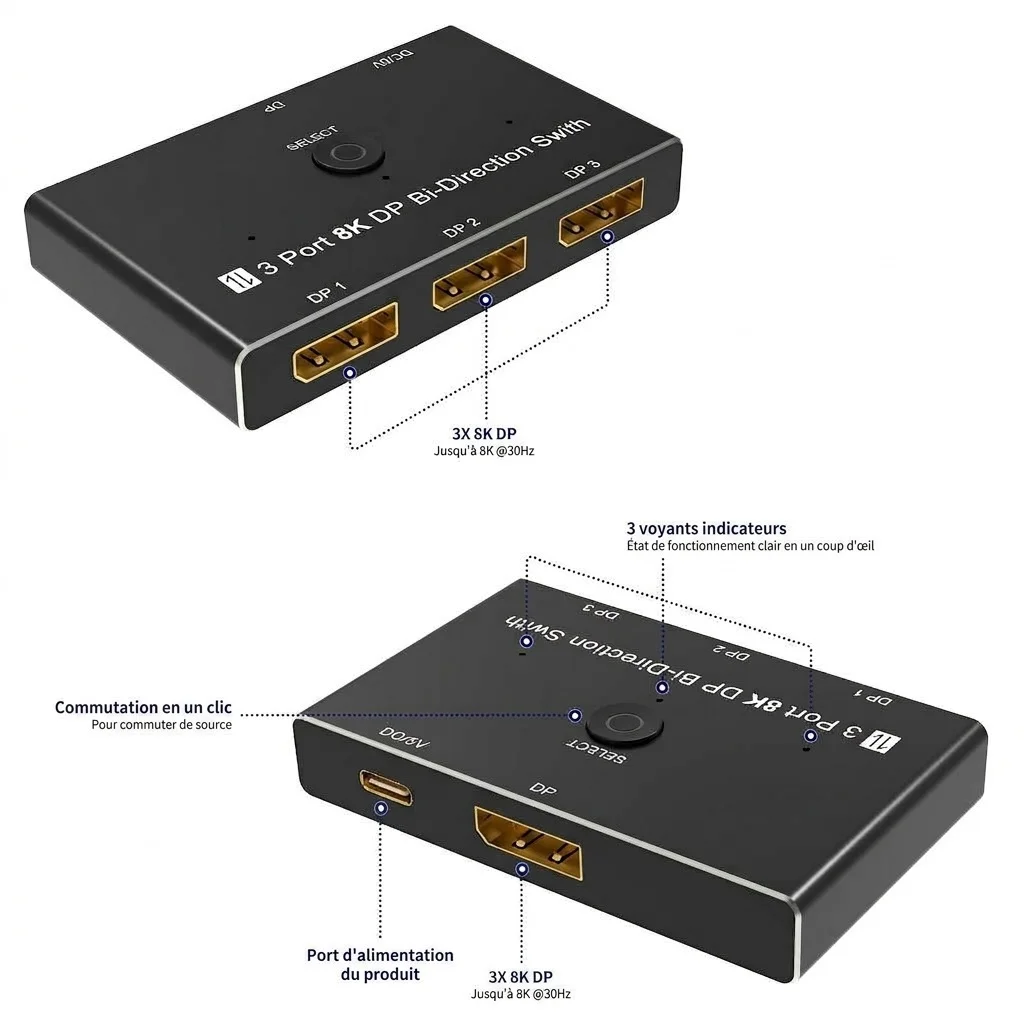 Adaptateur 8K DP 1.4 vers HDMI et commutateur bidirectionnel à 3 ports