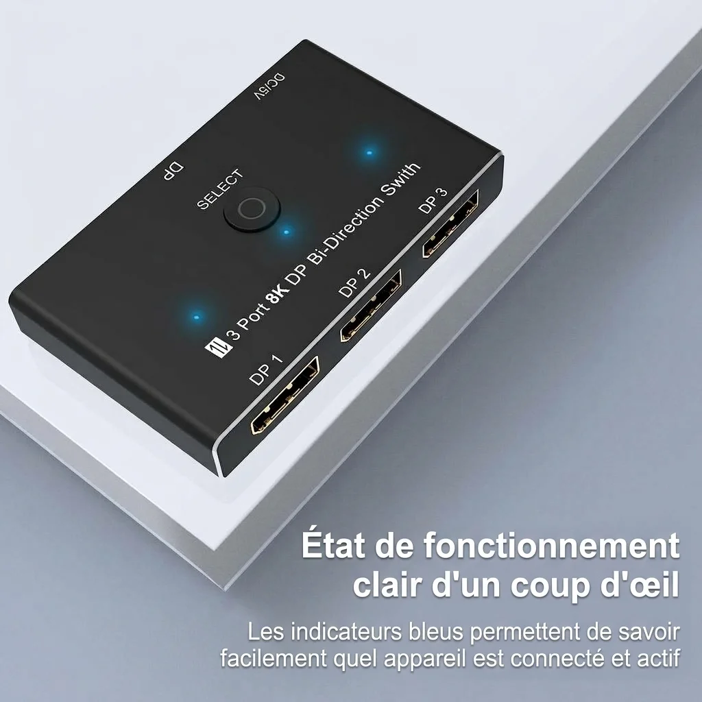 Adaptateur 8K DP 1.4 vers HDMI et commutateur bidirectionnel à 3 ports