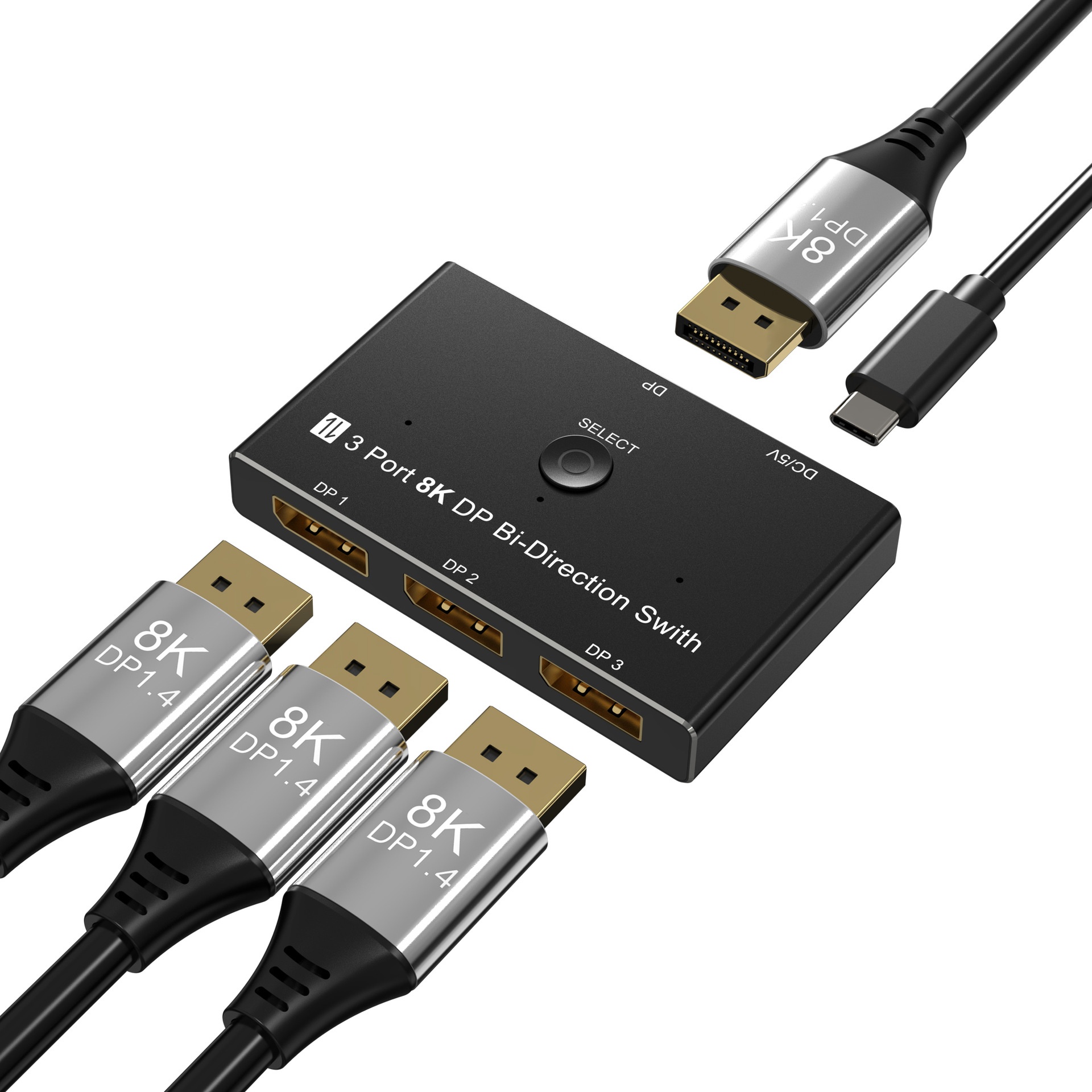 8K DP 1.4 to HDMI Adapter & 3-Port Bi-Directional Switch