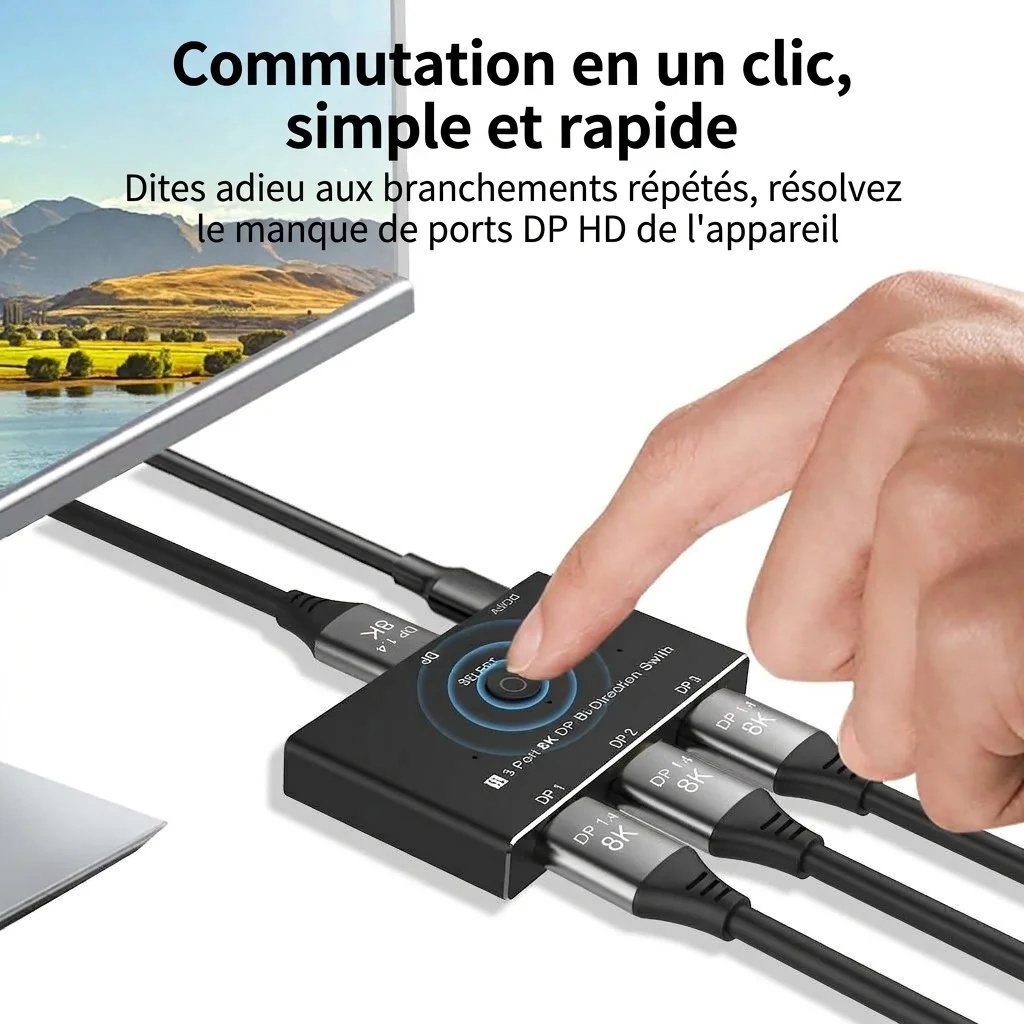 Adaptateur 8K DP 1.4 vers HDMI et commutateur bidirectionnel à 3 ports