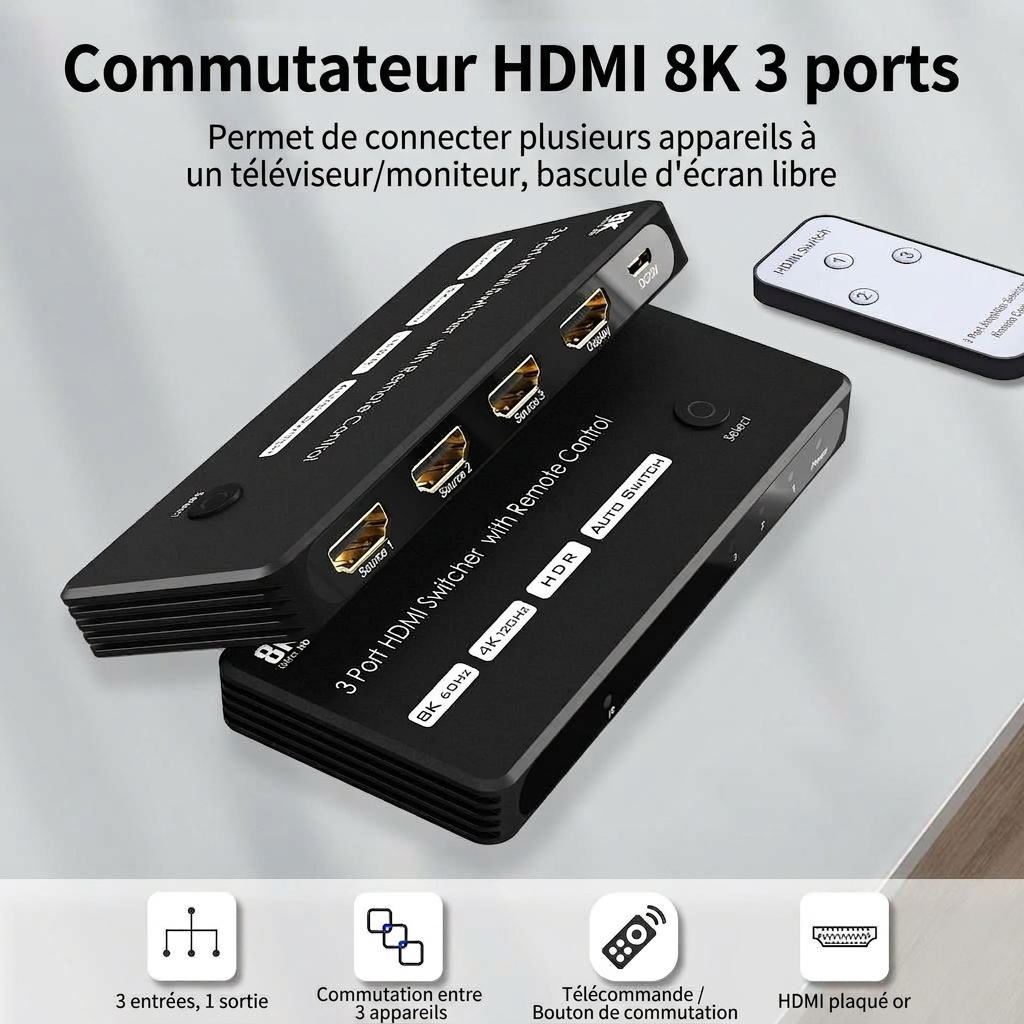 8K HDMI 2.1 Switcher 3 Port with Remote - 4K@120Hz HDR