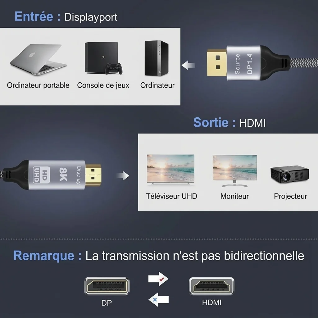 Câble DisplayPort 8K vers HDMI 1.4 - Adaptateur vidéo haute vitesse