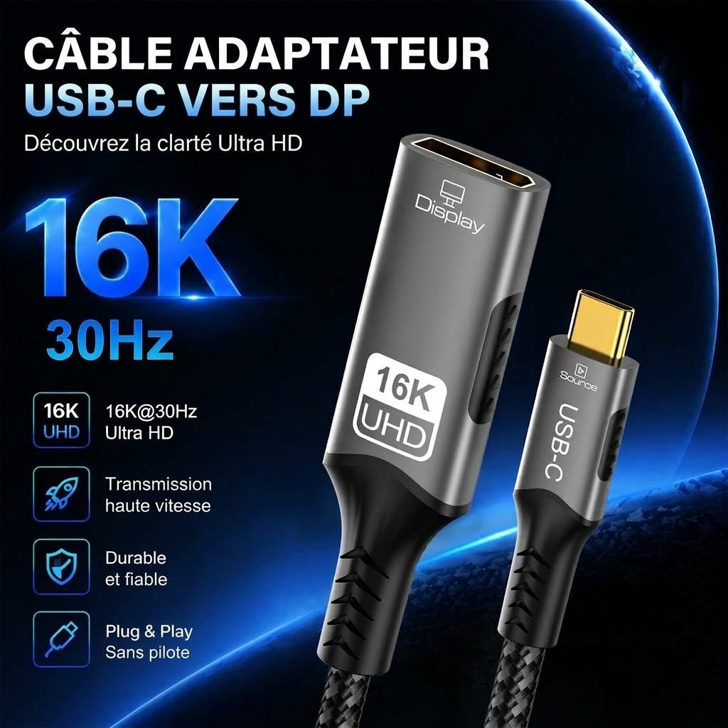 Câble adaptateur USB-C vers DisplayPort 2.1 16K - Ultra HD 54 Gbit/s