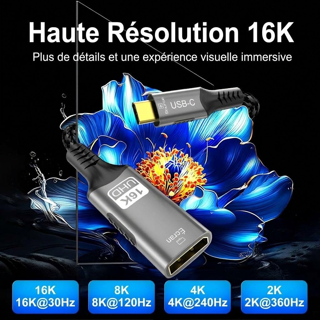 Câble adaptateur USB-C vers DisplayPort 2.1 16K - Ultra HD 54 Gbit/s