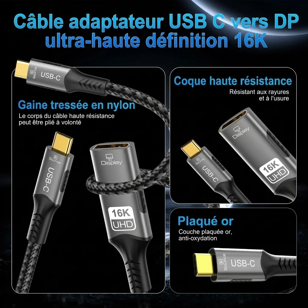 Câble adaptateur USB-C vers DisplayPort 2.1 16K - Ultra HD 54 Gbit/s