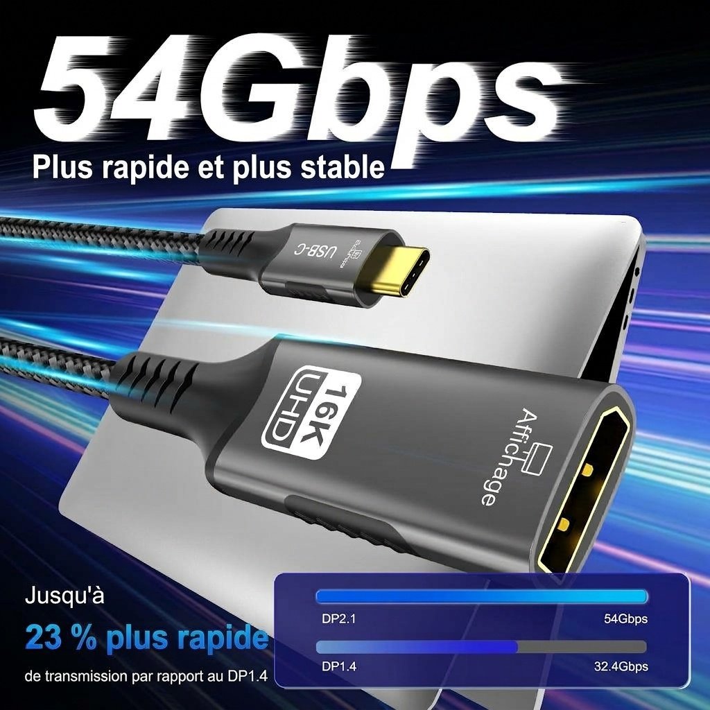 Câble adaptateur USB-C vers DisplayPort 2.1 16K - Ultra HD 54 Gbit/s
