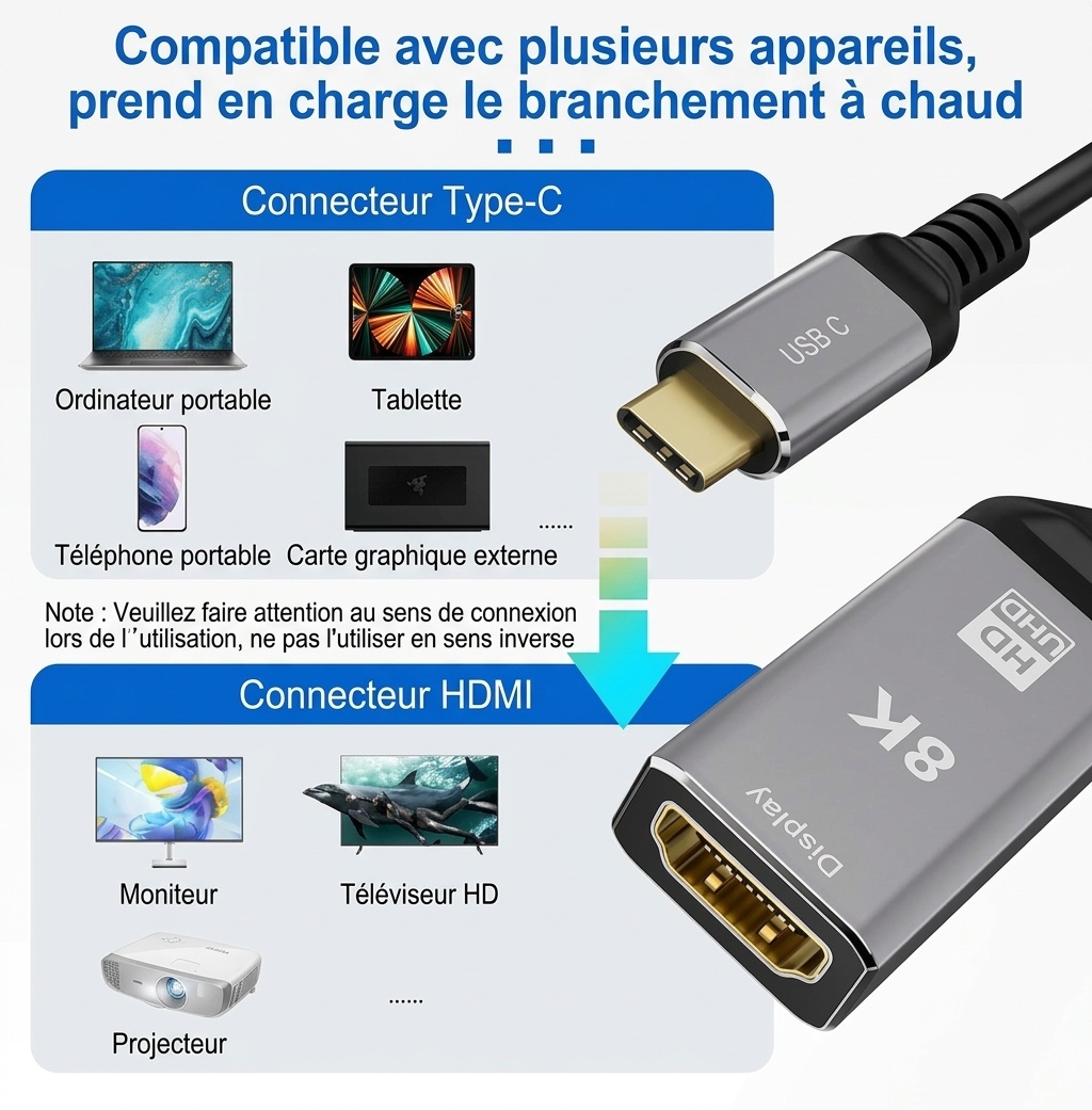 Câble adaptateur USB-C vers HDMI 8K - Convertisseur vidéo UHD 60 Hz