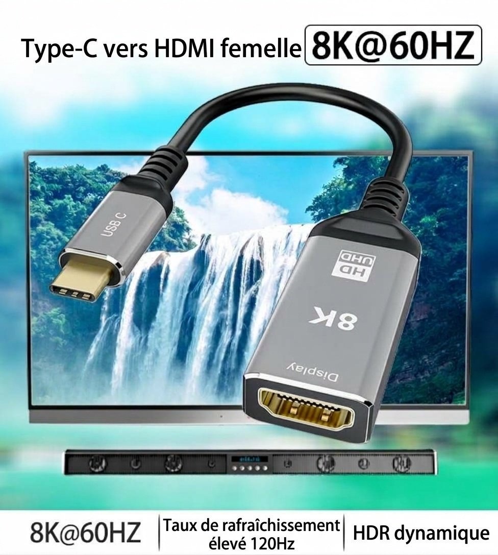 Câble adaptateur USB-C vers HDMI 8K - Convertisseur vidéo UHD 60 Hz