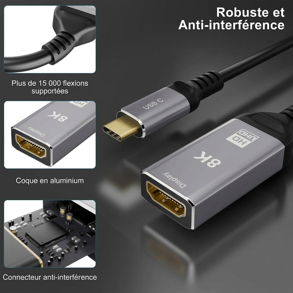 Câble adaptateur USB-C vers HDMI 8K - Convertisseur vidéo UHD 60 Hz