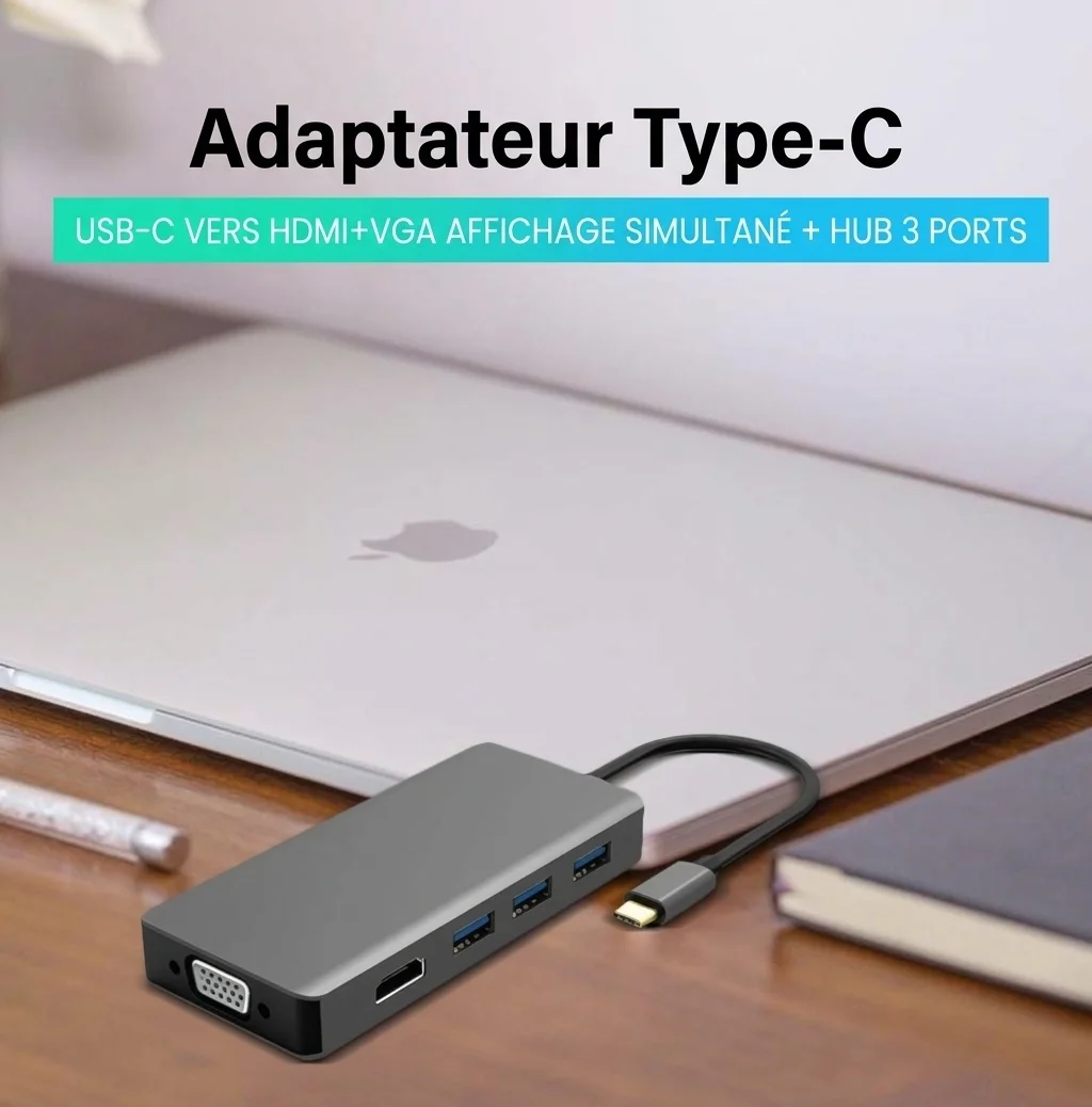 Hub USB-C 5 en 1&nbsp;: HDMI 4K, VGA, 3 ports USB 3.0