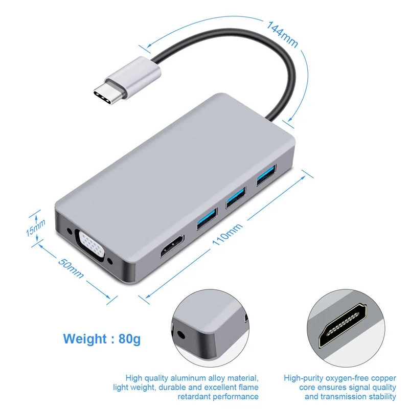 USB-C Hub 5-in-1 Adapter: 4K HDMI, VGA, 3x USB 3.0 Ports