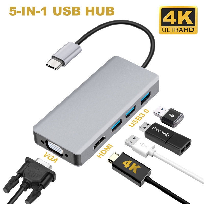 USB-C Hub 5-in-1 Adapter: 4K HDMI, VGA, 3x USB 3.0 Ports