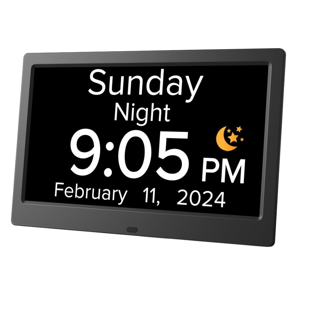 7-Inch Digital Calendar Day Clock for Seniors & Dementia - Extra Large LCD Display, 8 Pill Reminders, Auto-Dimming, 11 Languages, White