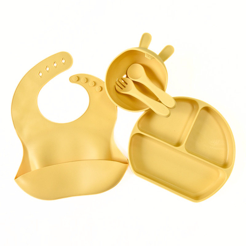 Ensemble d'alimentation en silicone pour bébé avec plaque à ventouse et bavoir - 5 pièces