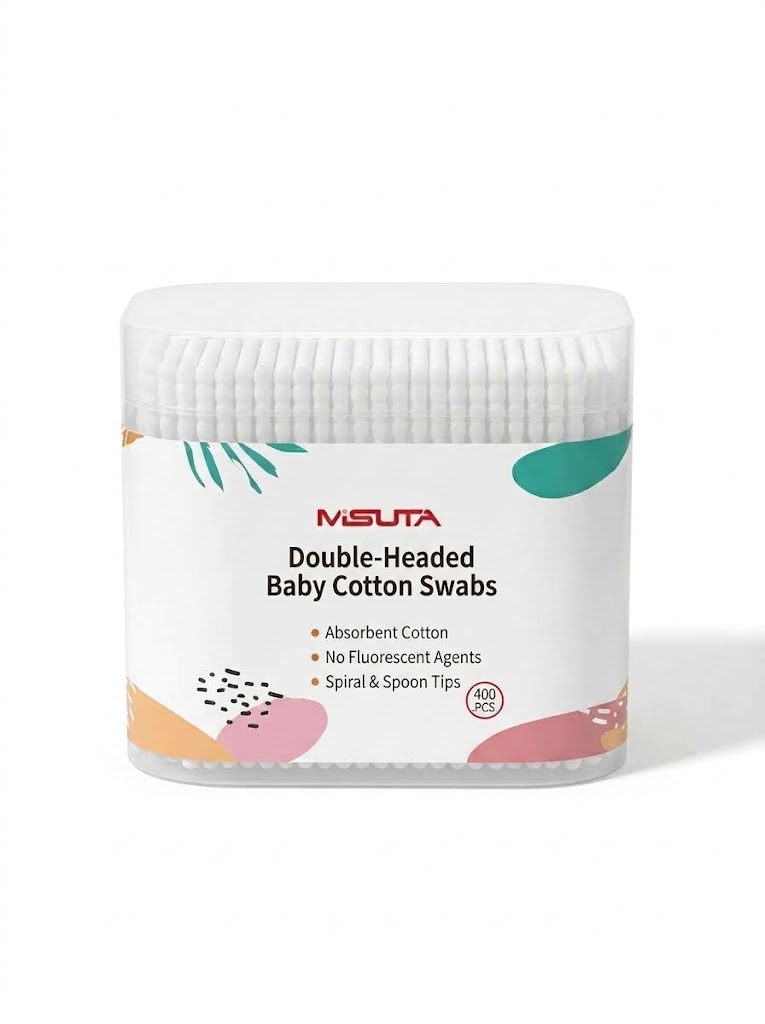 MISUTA Tamponi di cotone per neonati, confezione da 400 pezzi, bastoncini di cotone a doppia punta di sicurezza, tamponi ultra sottili da 3,5 mm per la pulizia di orecchie e naso dei neonati