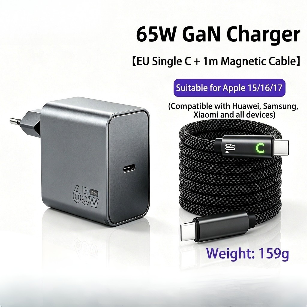 65W GaN Fast Charger, USB-C and USB-A Dual Port Wall Adapter