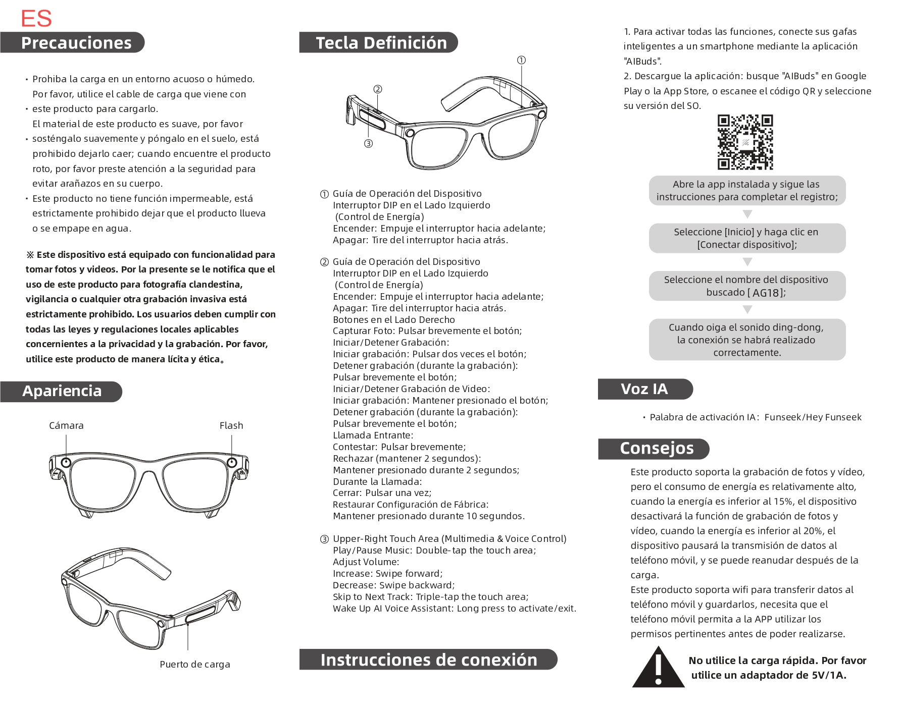 Gafas de sol inteligentes AG18 TR90 negras con IA #BS1223-0005