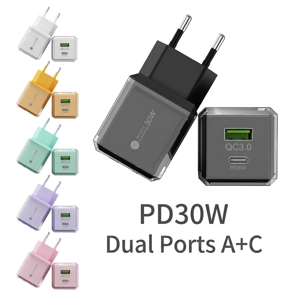 30W Dual Port USB-C and USB-A Fast Charger, Transparent Casing
