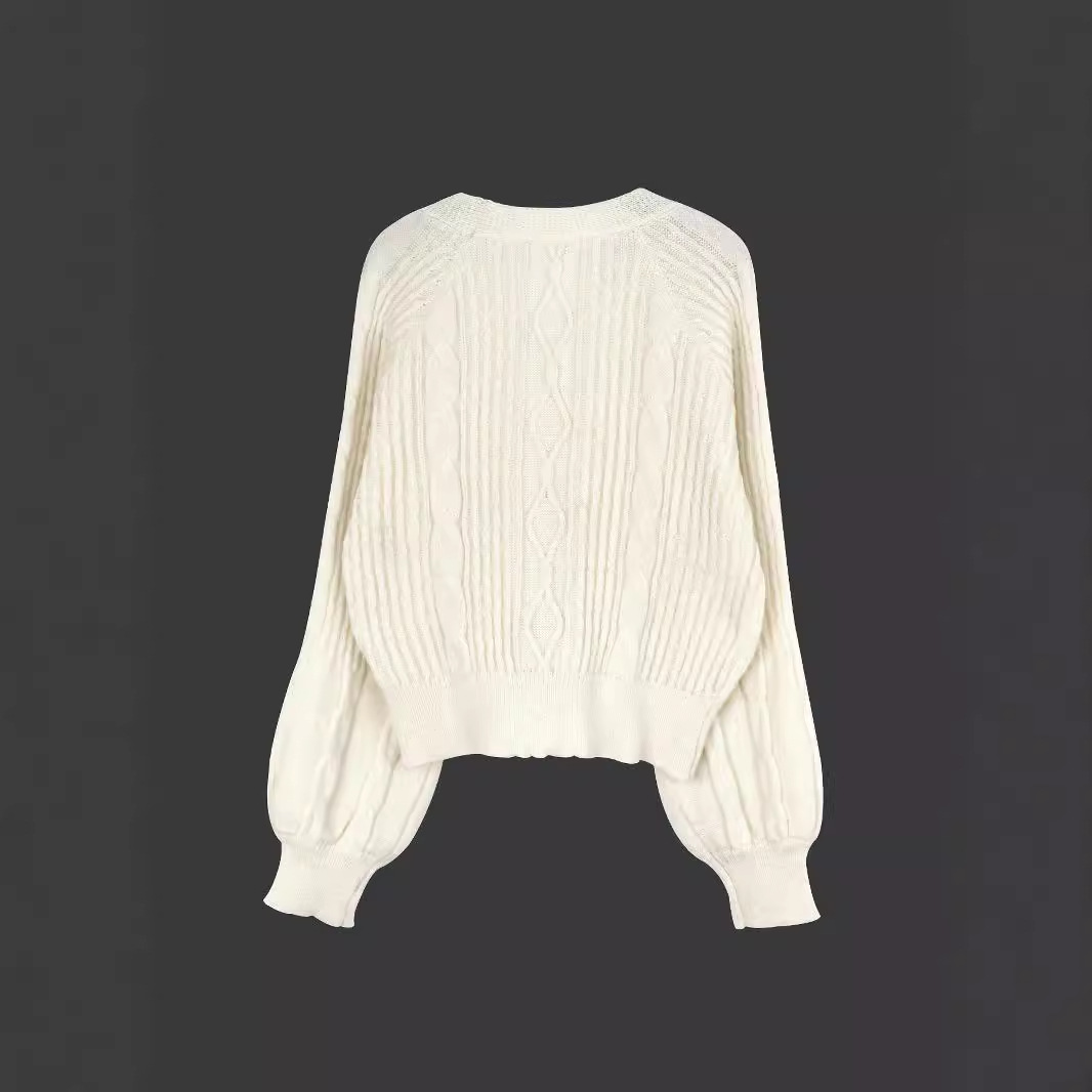 Cable Knit Cropped Cardigan Lantern Sleeve Women's Sweater