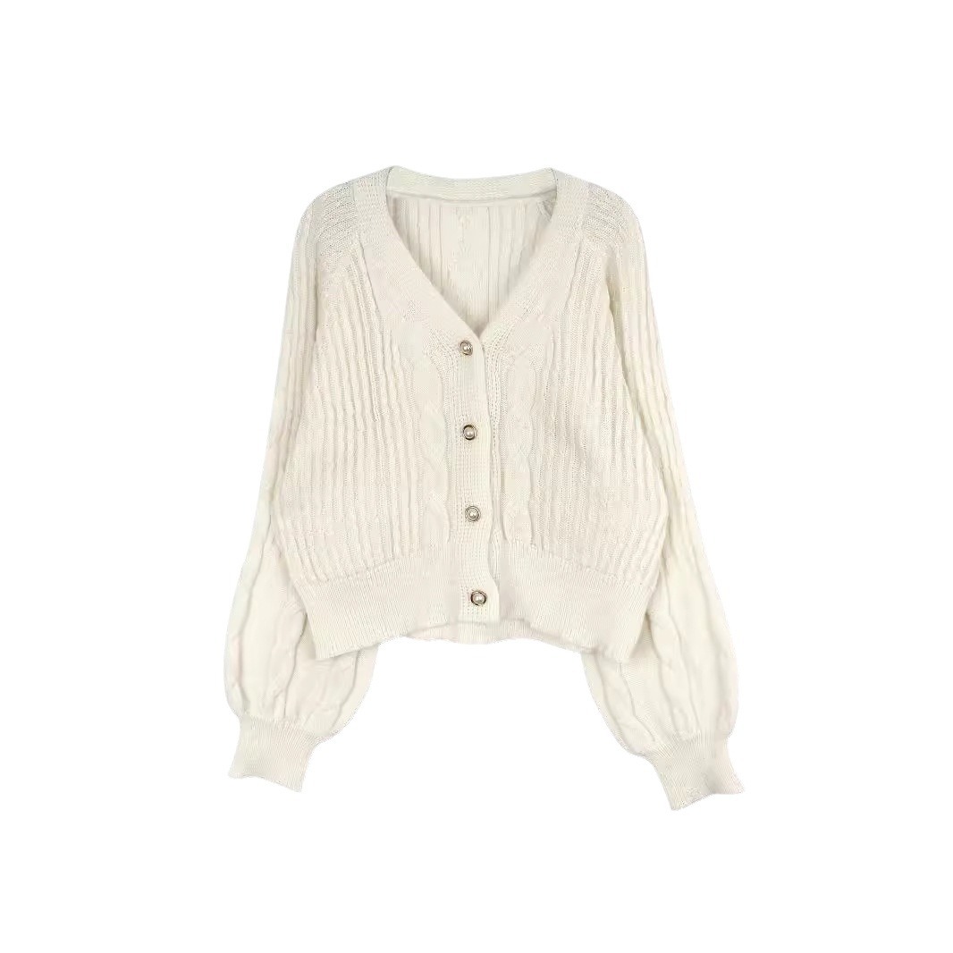 Cable Knit Cropped Cardigan Lantern Sleeve Women's Sweater