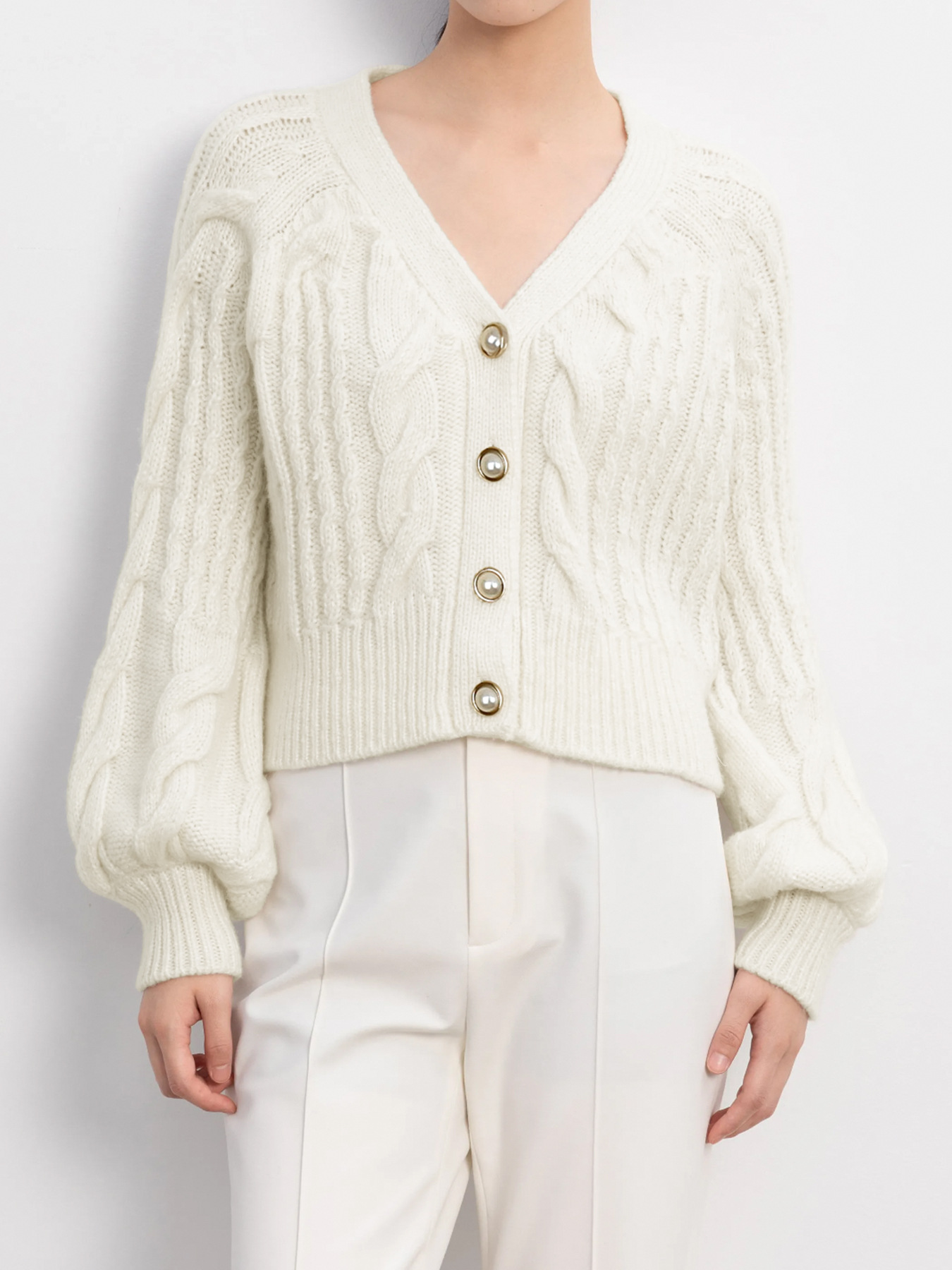 Cable Knit Cropped Cardigan Lantern Sleeve Women's Sweater