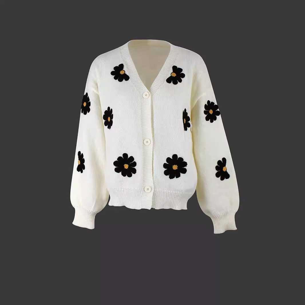 Women's Knit Floral Embroidered Cardigan Sweater Loose Long Sleeve