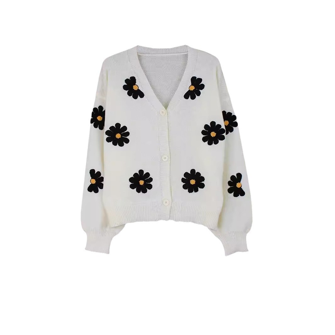 Women's Knit Floral Embroidered Cardigan Sweater Loose Long Sleeve