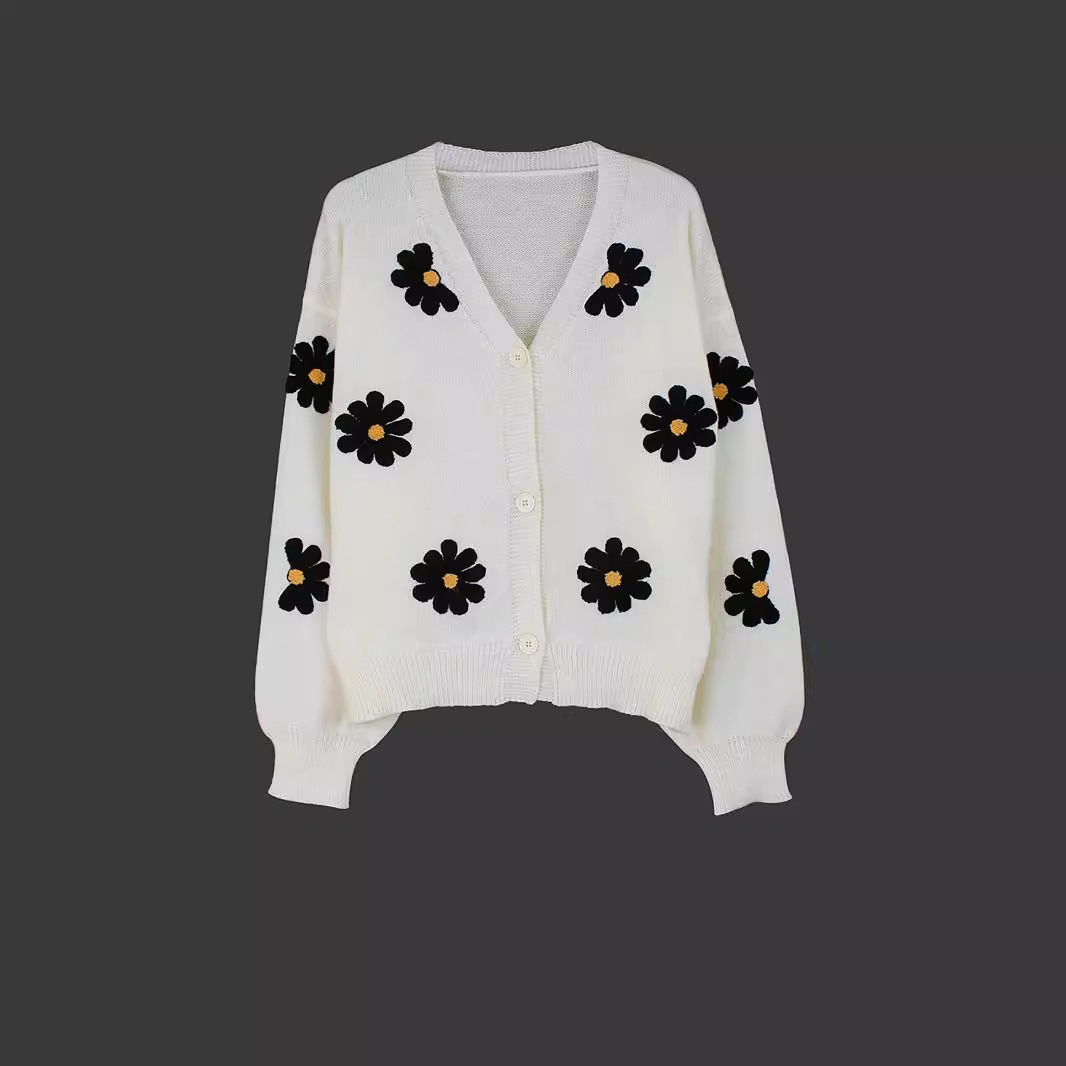 Women's Knit Floral Embroidered Cardigan Sweater Loose Long Sleeve