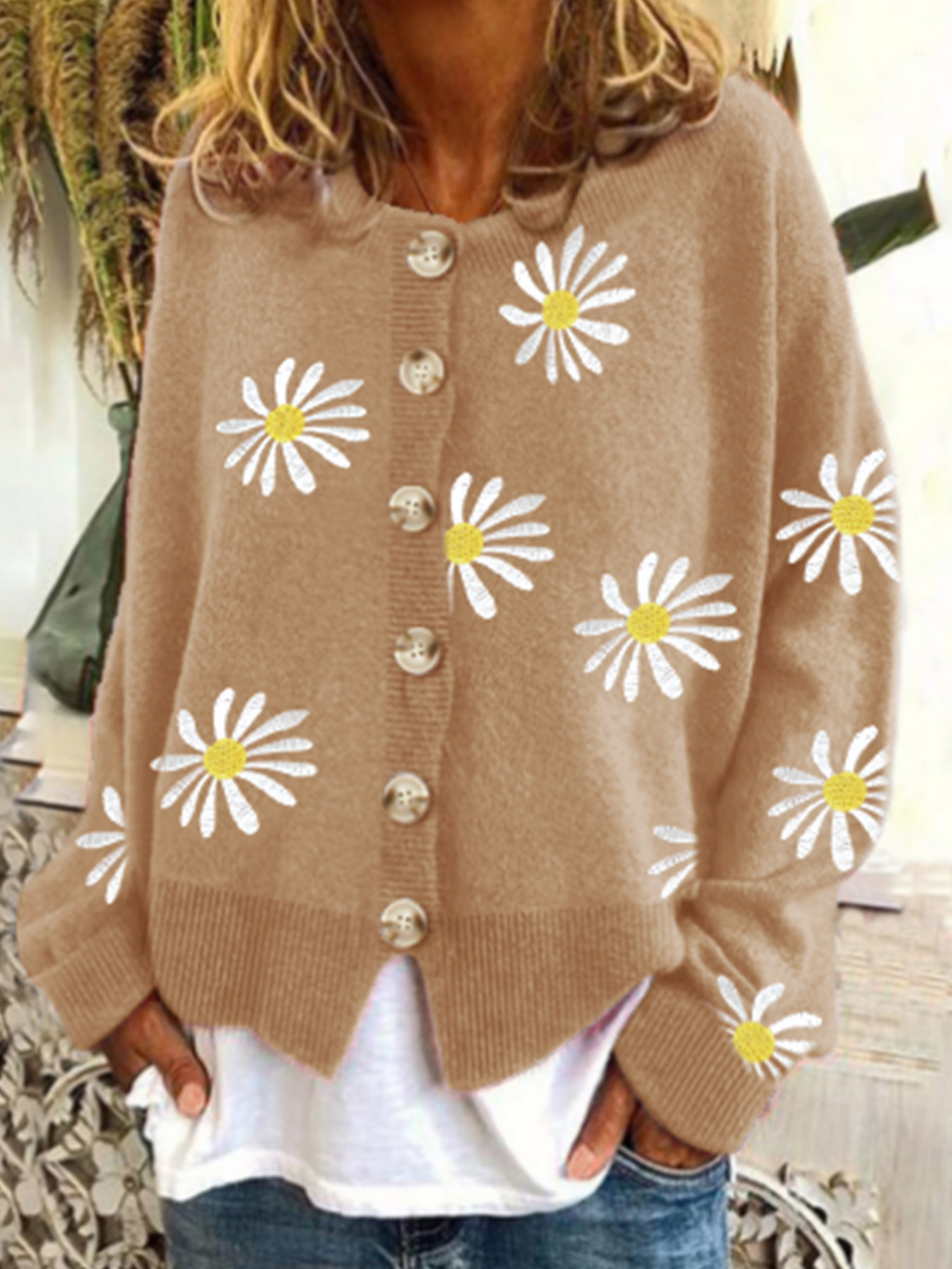 Cotton Knit Cardigan Embroidered Cropped Long Sleeve