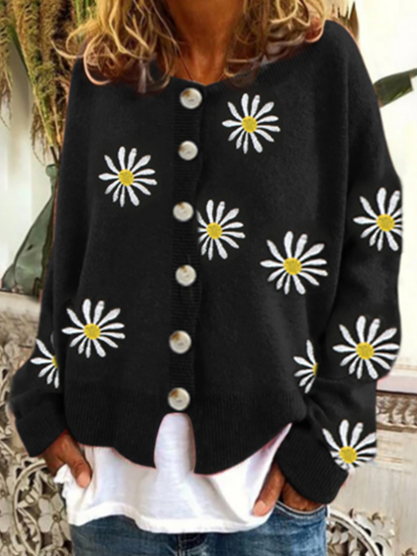 Cotton Knit Cardigan Embroidered Cropped Long Sleeve