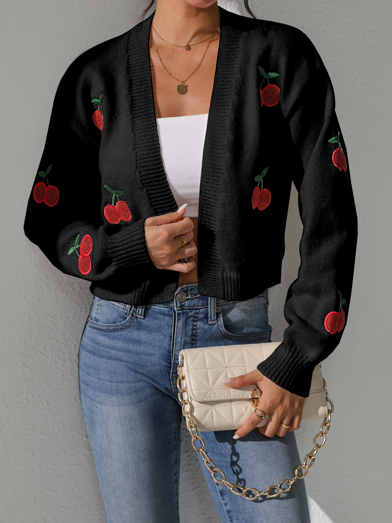 Embroidered Cropped Knit Cardigan - European & American Style