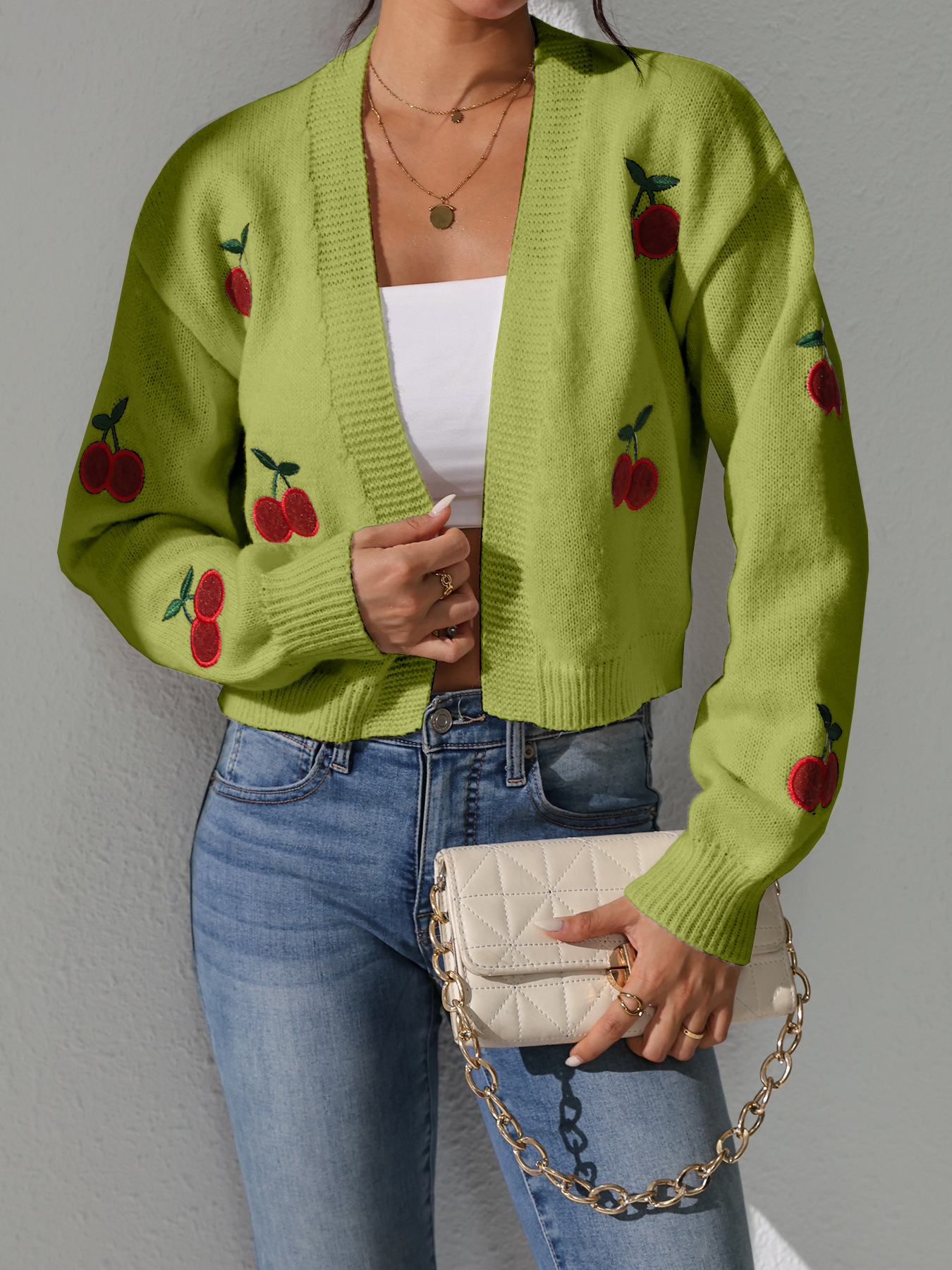 Embroidered Cropped Knit Cardigan - European & American Style