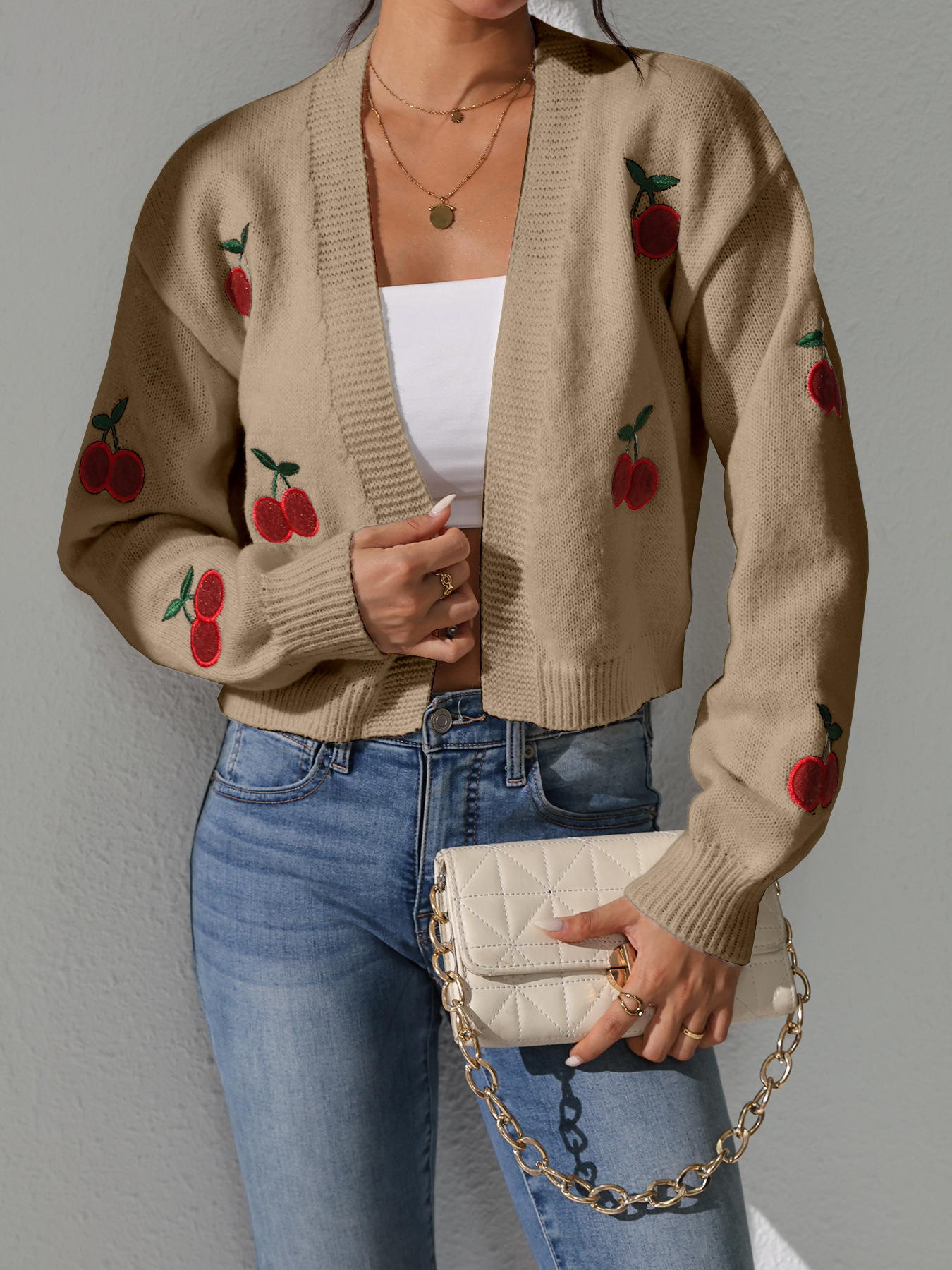 Embroidered Cropped Knit Cardigan - European & American Style