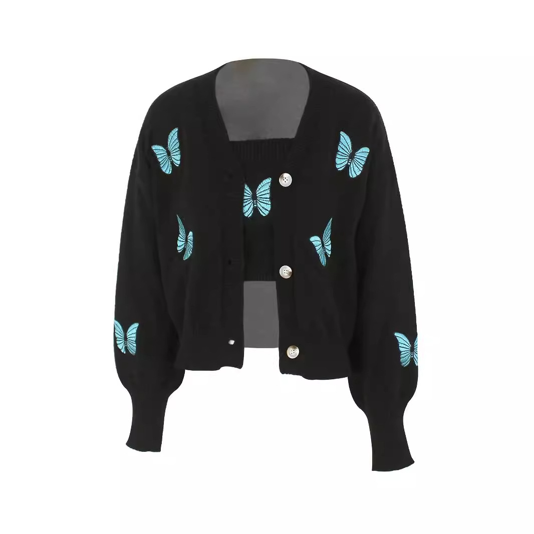 Embroidered Cropped Knit Cardigan Vest Set Spring Autumn SSU-00014