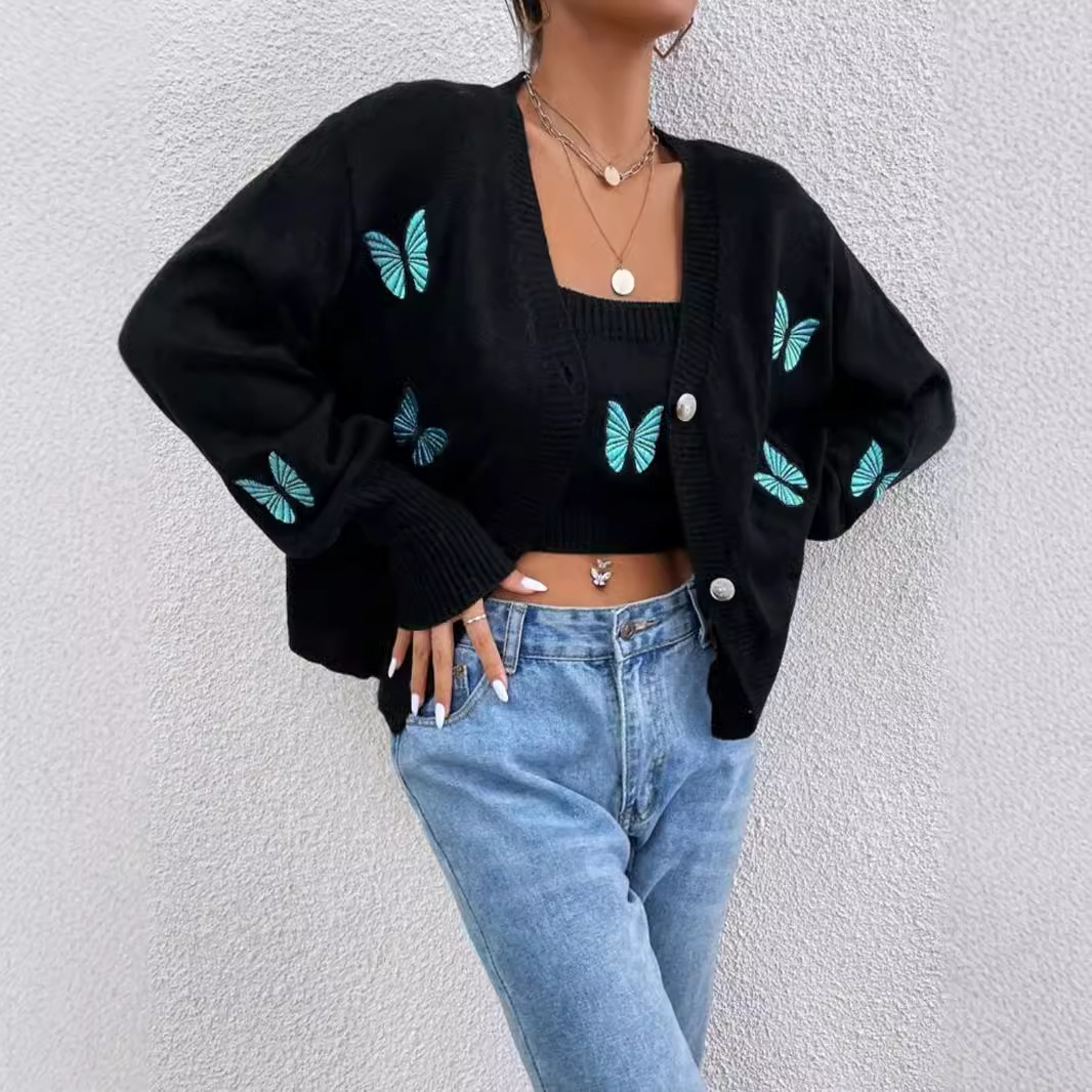 Embroidered Cropped Knit Cardigan Vest Set Spring Autumn SSU-00014