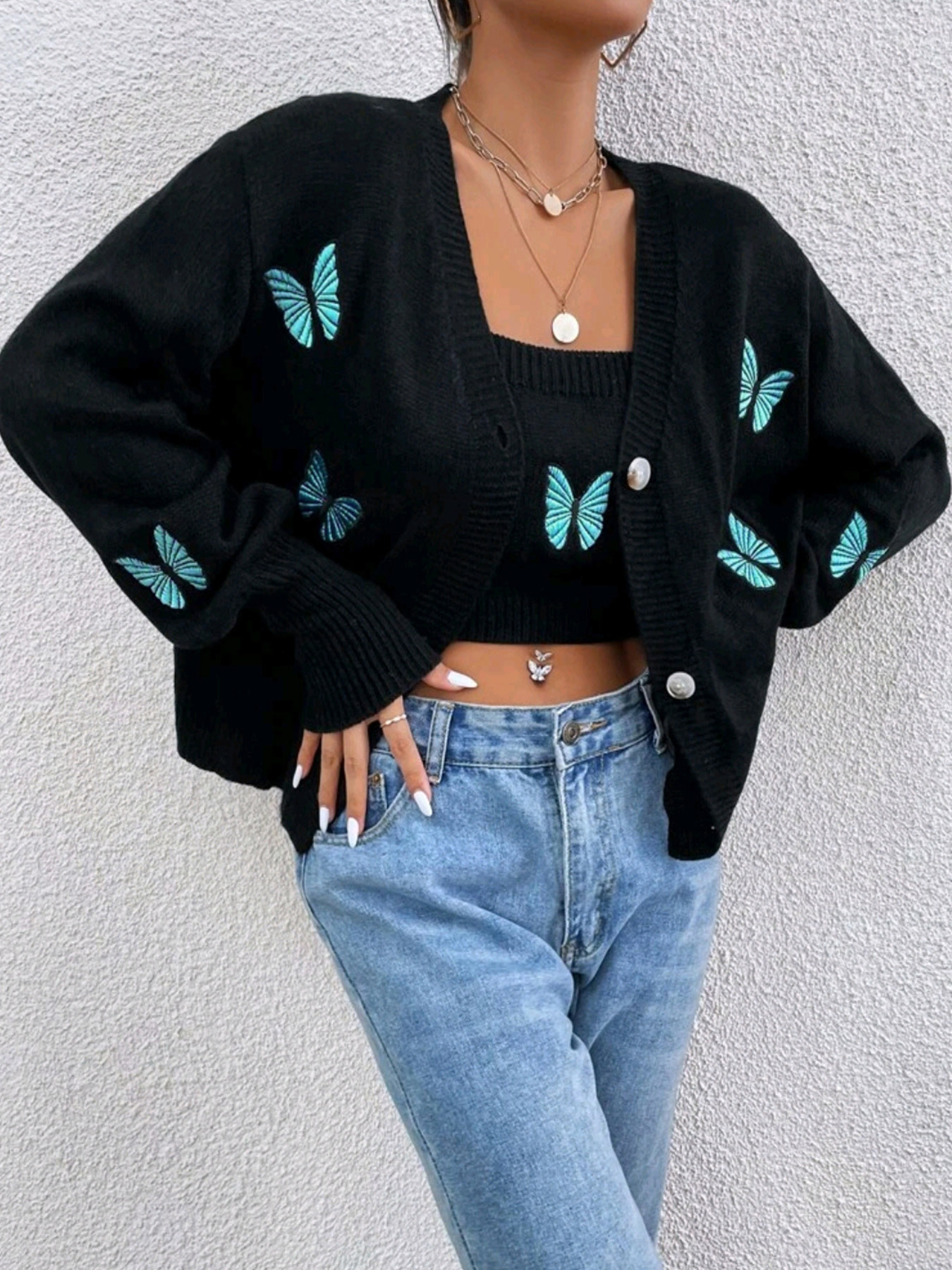 Embroidered Cropped Knit Cardigan Vest Set Spring Autumn SSU-00014