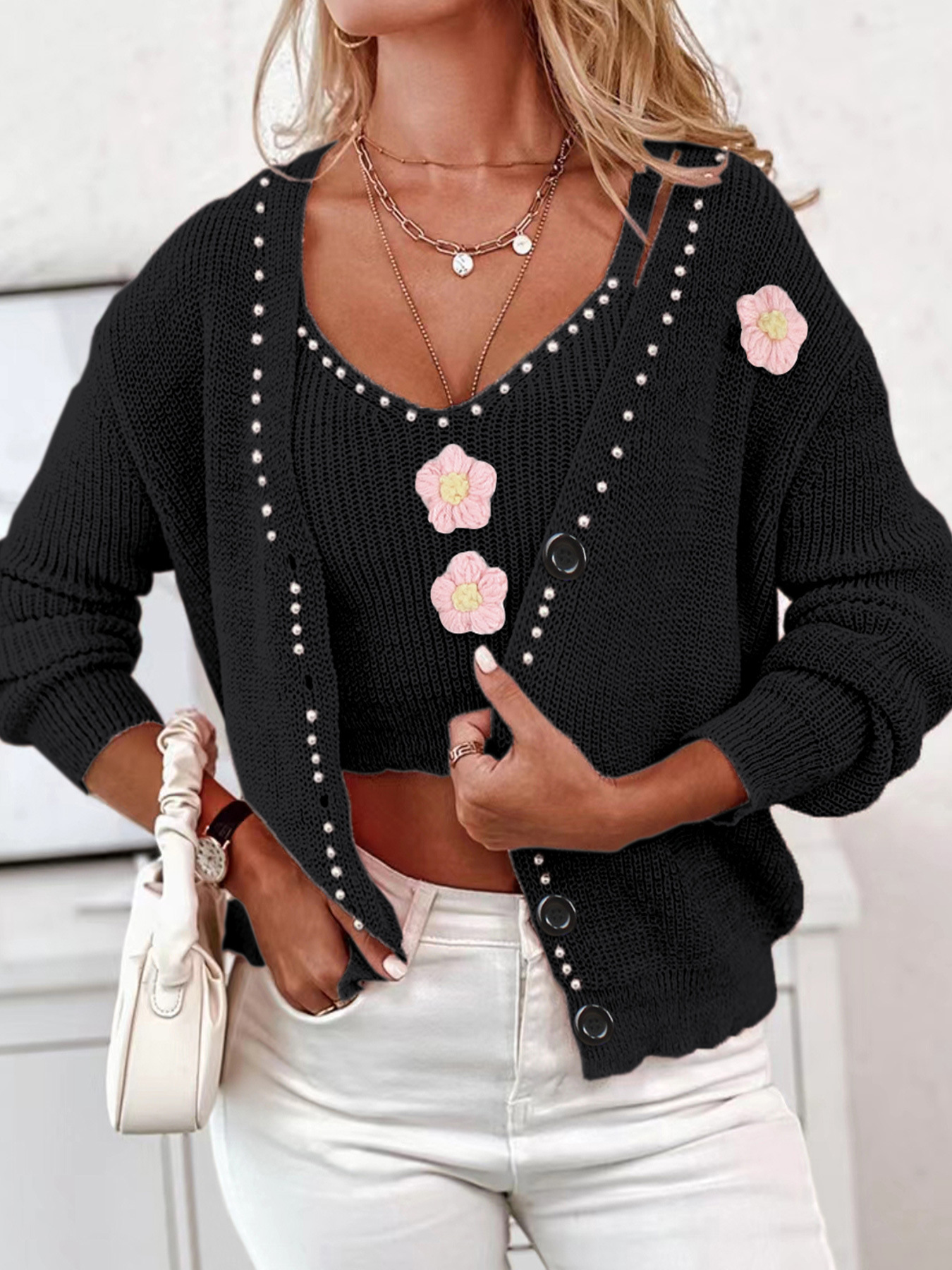 Women's Knit Cardigan Sweater Vest Set Long Sleeve Autumn Winter SSU-00001