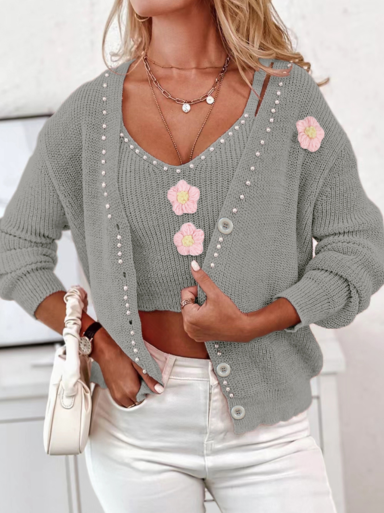 Women's Knit Cardigan Sweater Vest Set Long Sleeve Autumn Winter SSU-00001