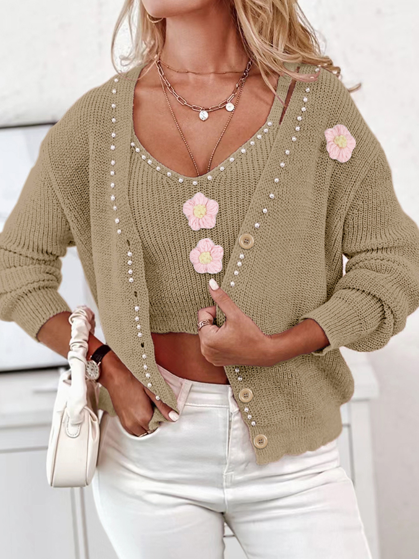 Women's Knit Cardigan Sweater Vest Set Long Sleeve Autumn Winter SSU-00001
