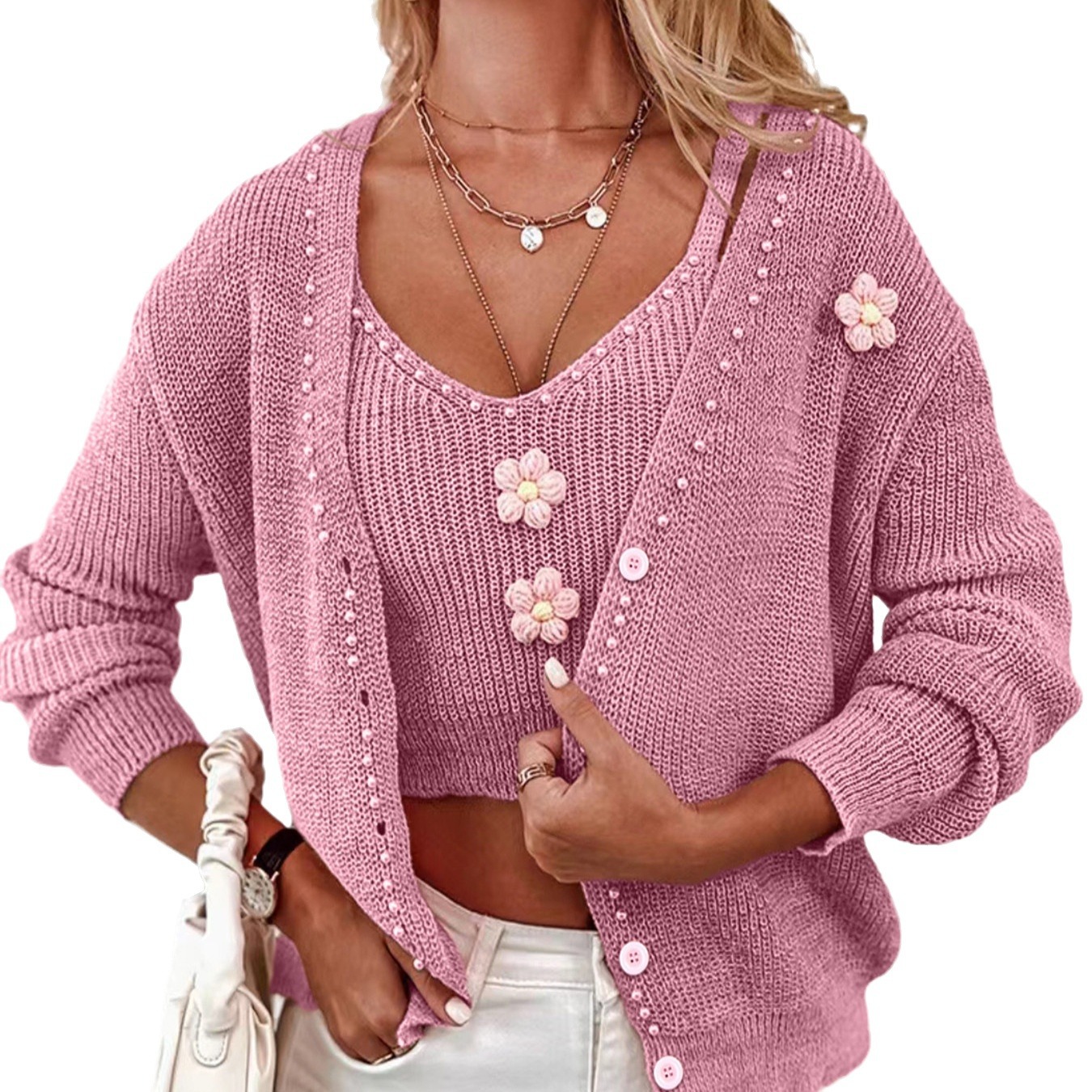 Women's Knit Cardigan Sweater Vest Set Long Sleeve Autumn Winter SSU-00001