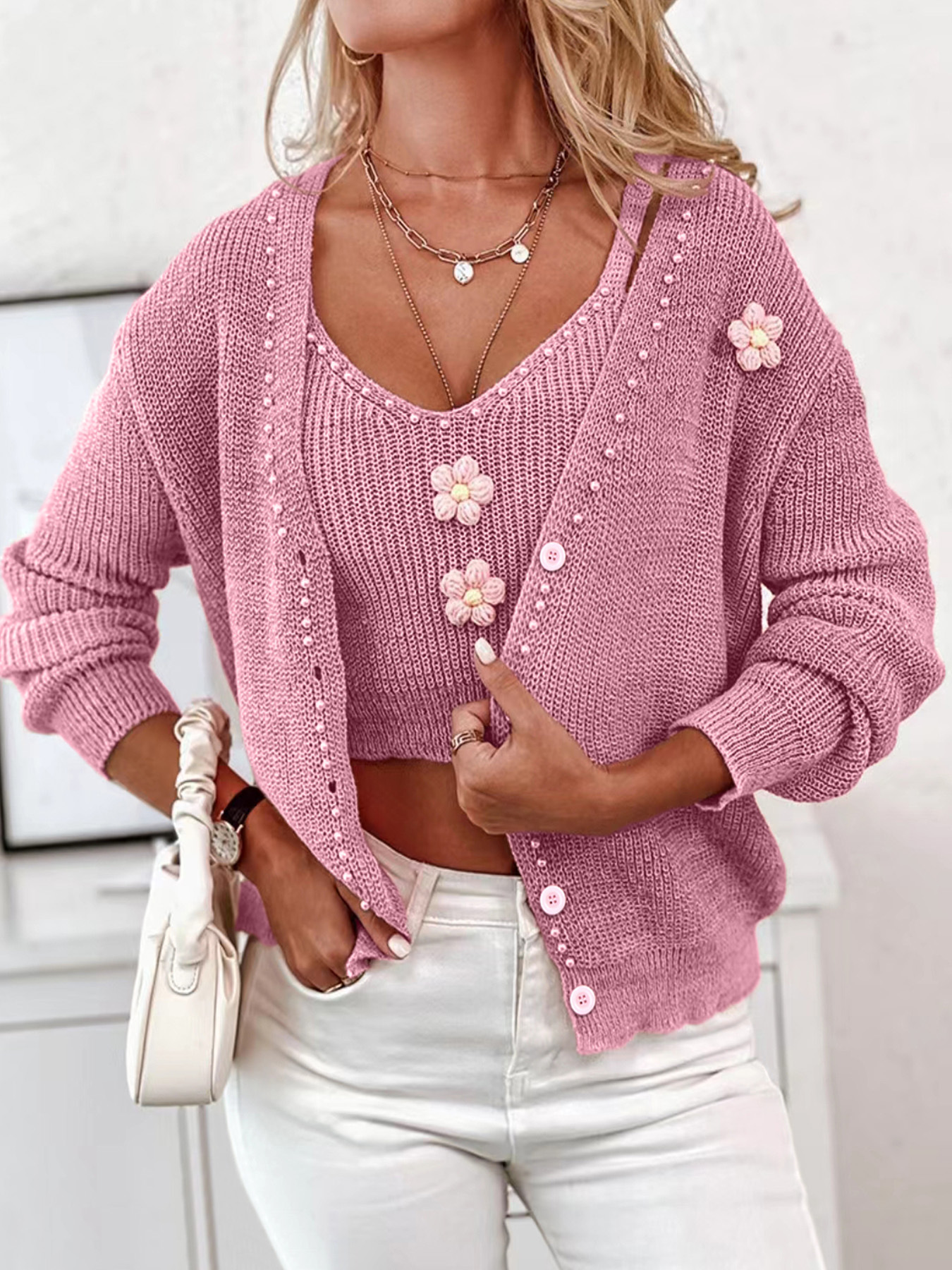 Women's Knit Cardigan Sweater Vest Set Long Sleeve Autumn Winter SSU-00001