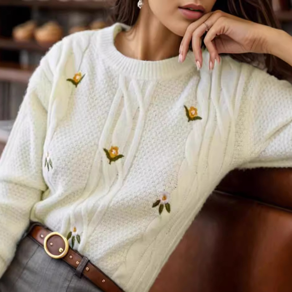 Embroidered Knit Sweater Crewneck Pullover Autumn Winter SSU-00020