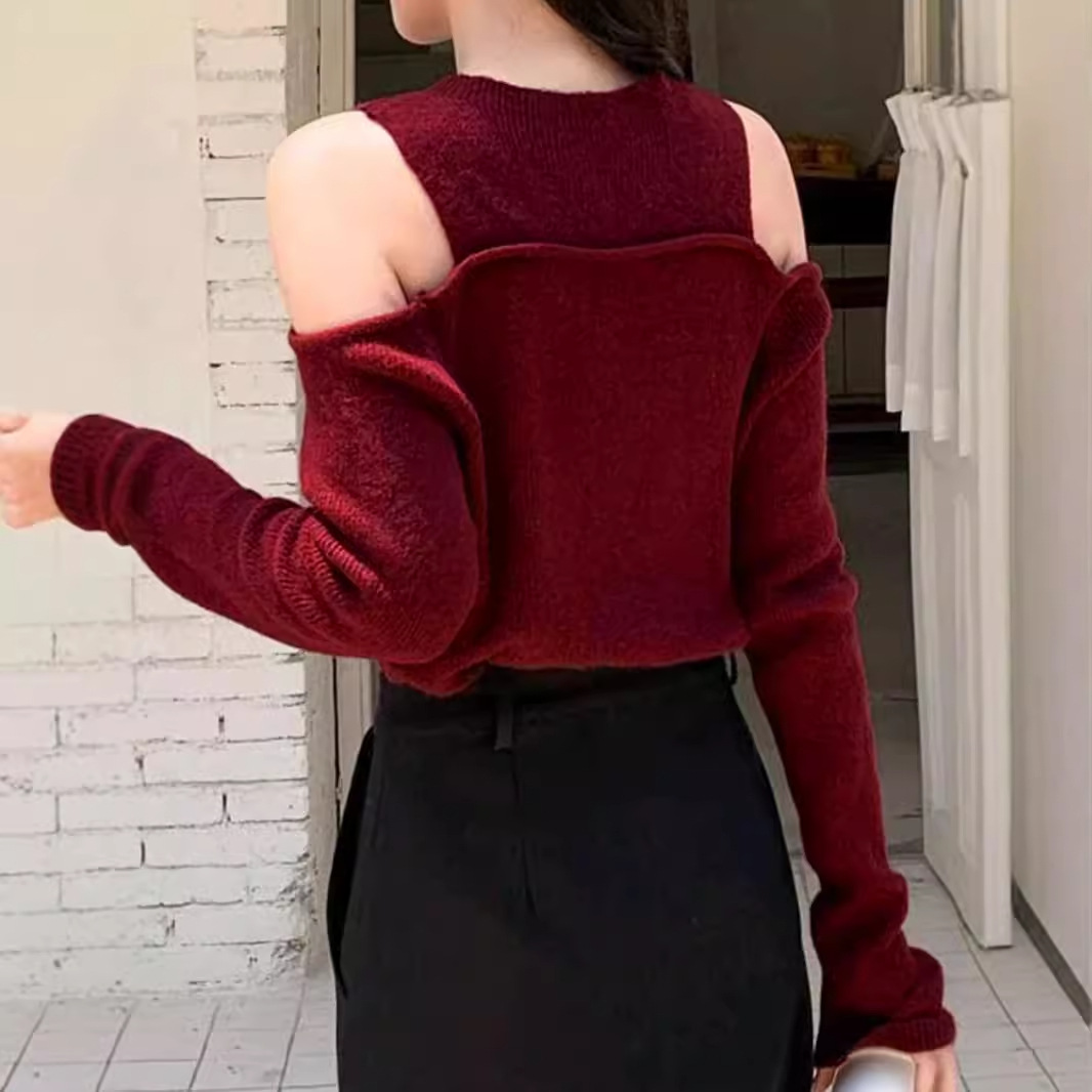 Knit Sweater Long Sleeve Off Shoulder Slim Fit Pullover SSU-00029