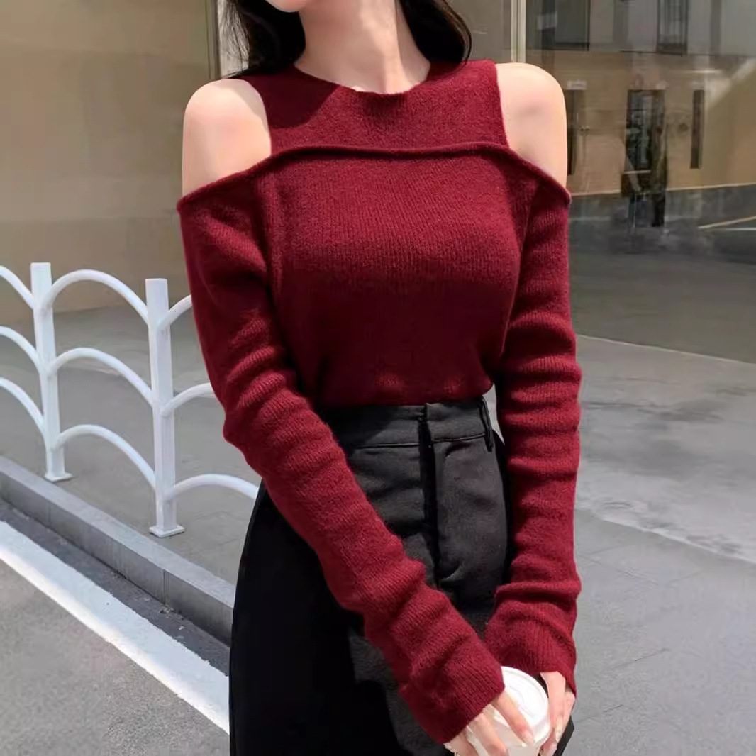 Knit Sweater Long Sleeve Off Shoulder Slim Fit Pullover SSU-00029