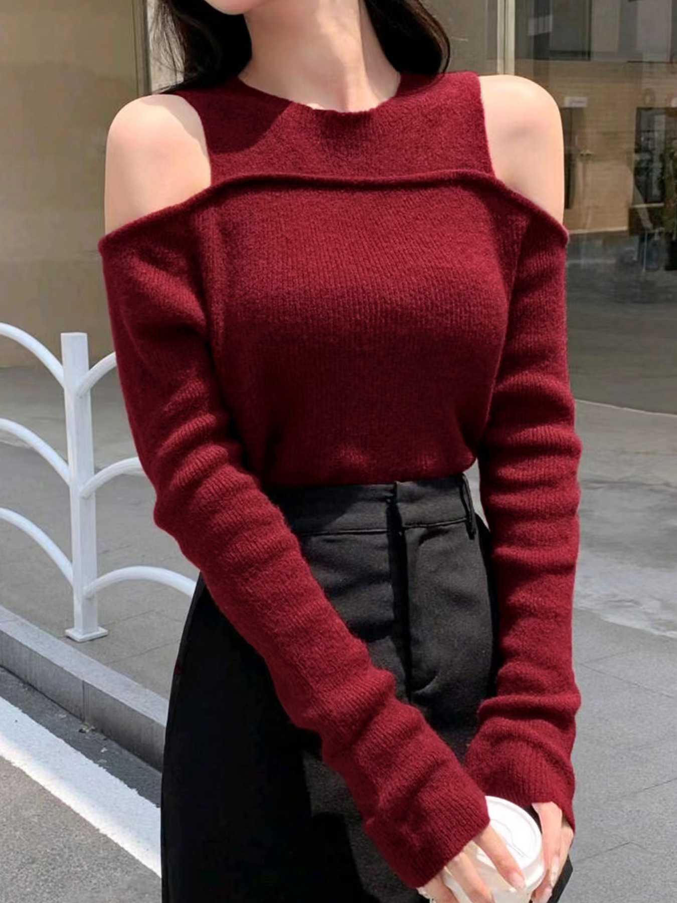 Knit Sweater Long Sleeve Off Shoulder Slim Fit Pullover SSU-00029