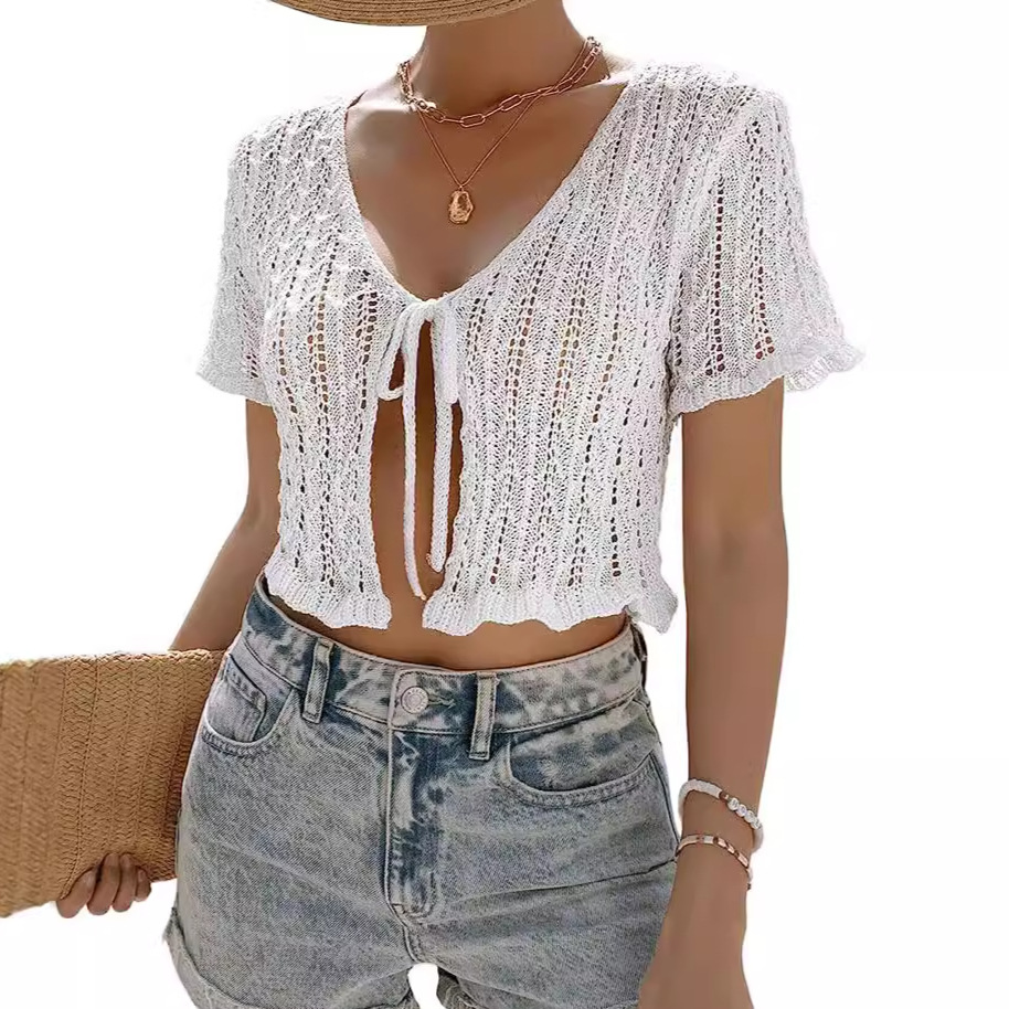 Crochet Knit Tie Front Cardigan - Summer Beach Cover Up